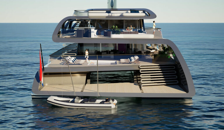 Royal Huisman’s 164-Foot Catamaran Concept Uses a Giant Sail to Cut Emissions