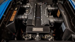 The 575 hp, 6.2-liter V-12 engine inside a 2003 Lamborghini Murciélago supercar.